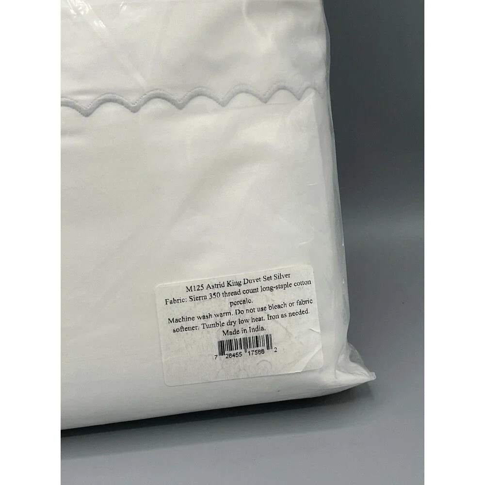 Matouk King 3 Pcs Duvet Cover Set Astrid White Silver Cotton Percale New
